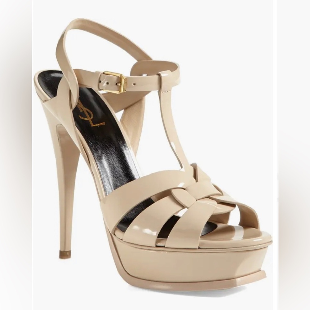 Saint Laurent YSL Tribute T-Strap Platform Sandal in Nude Patent